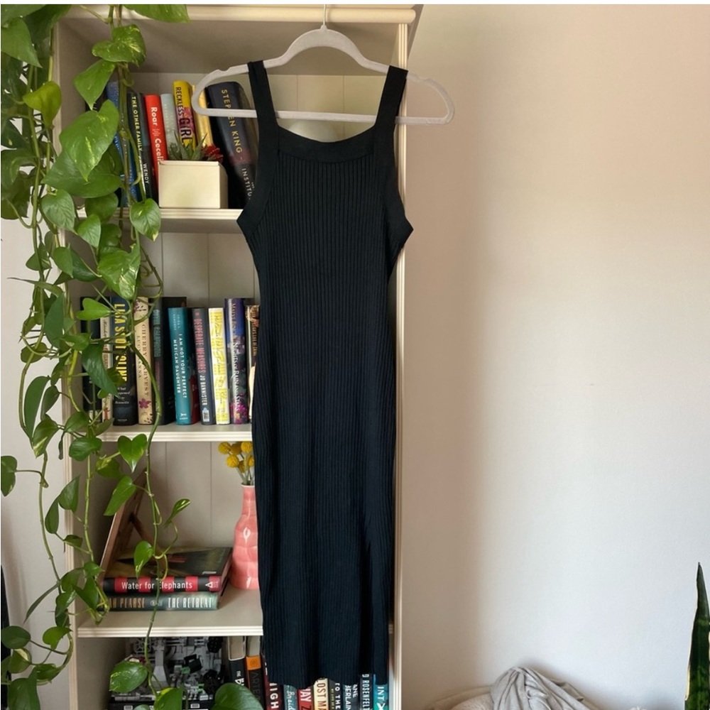 Black, square neck, ribbed midi dress with slit